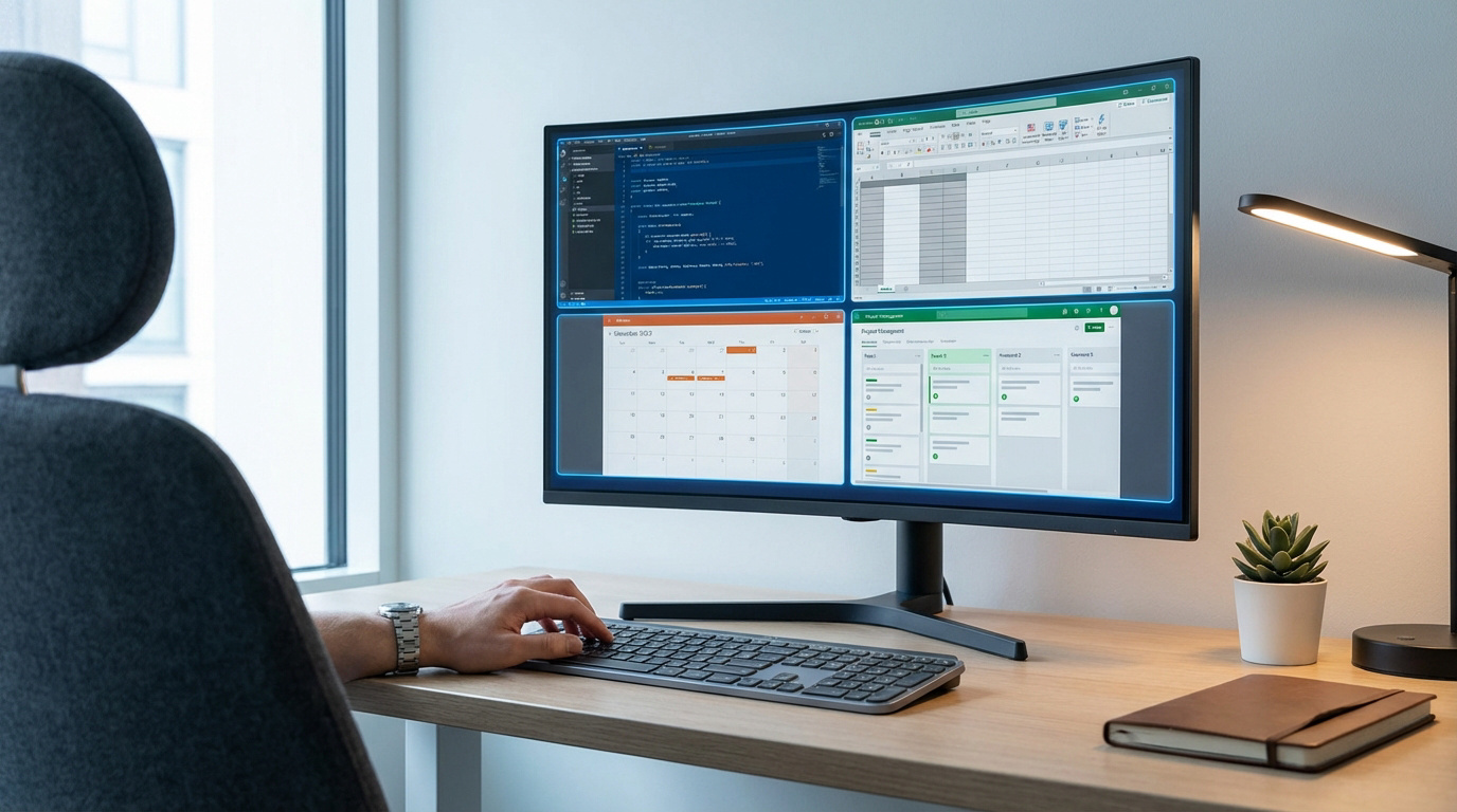Personne travaillant sur un grand écran affichant 4 applications (code, Excel, calendrier, gestion de projet) simultanément. Optimisation multi-fenêtres.