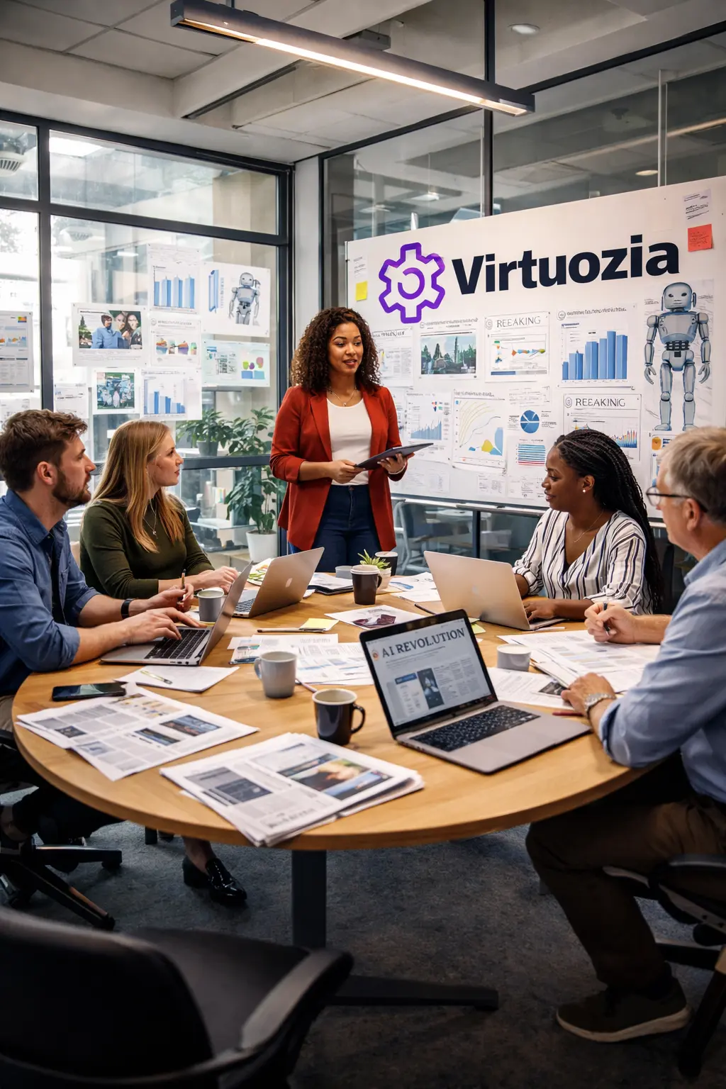 Salle de réunion rédaction Virtuozia intelligence artificielle équipe journalistes discussion
