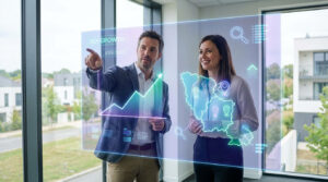 Deux professionnels analysent des données de croissance ROI et de visibilité locale en Essonne sur un écran holographique.