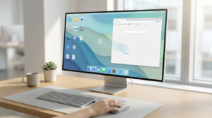 Main utilisant une souris sur un bureau moderne avec moniteur affichant une interface de type macOS et icônes d'applications.