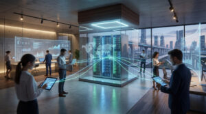 Un bureau moderne avec un centre de données vitré central, des écrans interactifs et des professionnels utilisant des appareils connectés.