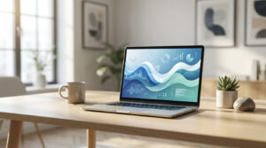 Un ordinateur portable Mac sur un bureau en bois affichant des graphiques d'optimisation système. Une tasse, une plante et une pierre sont à côté.