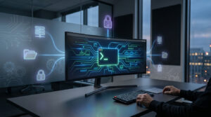 Personne interagissant avec un écran large montrant un terminal Linux et un réseau de circuits. Icônes de serveur, dossier, cadenas et cloud entourent la scène.