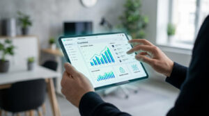 Mains interagissant avec un tableau de bord e-commerce sur tablette, affichant croissances des ventes, produits et analyses IA.