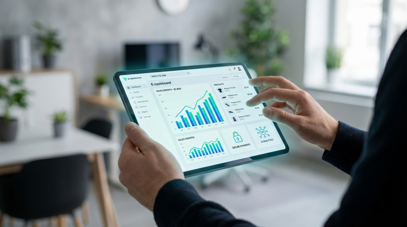 Mains interagissant avec un tableau de bord e-commerce sur tablette, affichant croissances des ventes, produits et analyses IA.