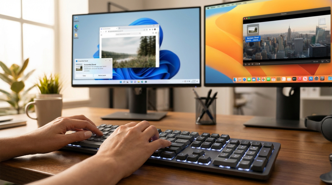 Mains tapant sur un clavier éclairé, devant deux moniteurs affichant des captures d'écran sur Windows 11 et macOS.