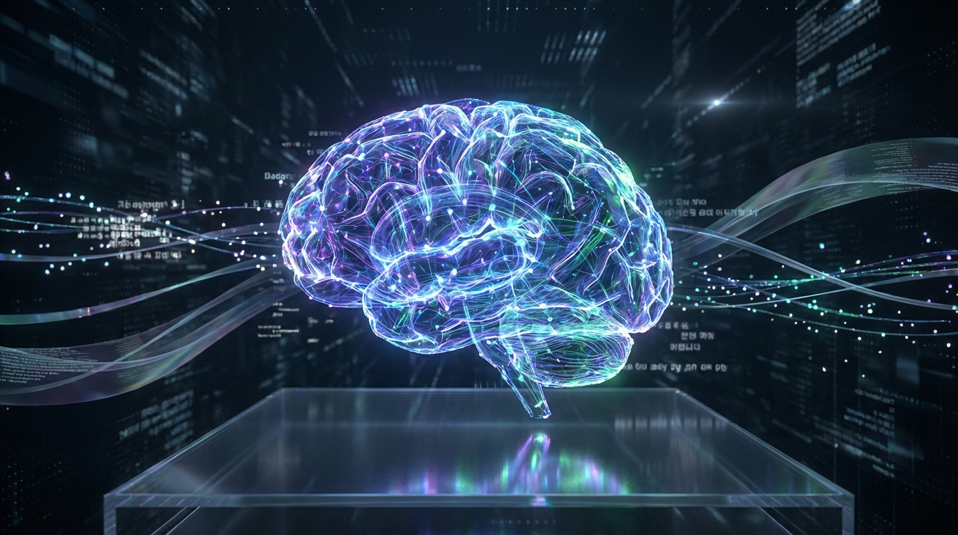 Cerveau numérique lumineux représentant un réseau neuronal complexe, entouré de flux de données et de lumières abstraites sur fond sombre.