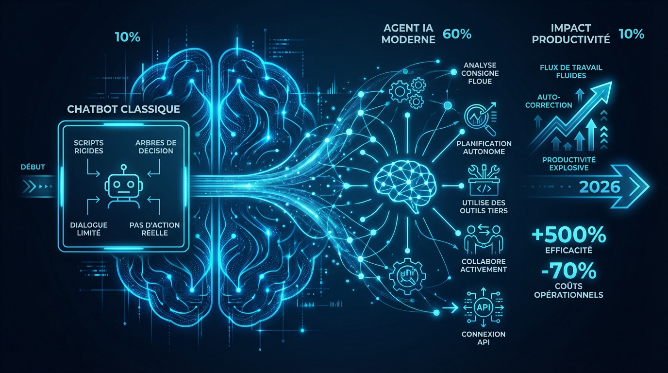 Comparaison entre les capacités limitées d'un chatbot et l'autonomie d'un agent IA moderne