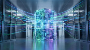 Vue d'une salle de serveurs avec un cube central lumineux, symbole de traitement des données, et de multiples flux lumineux colorés reliant les racks.