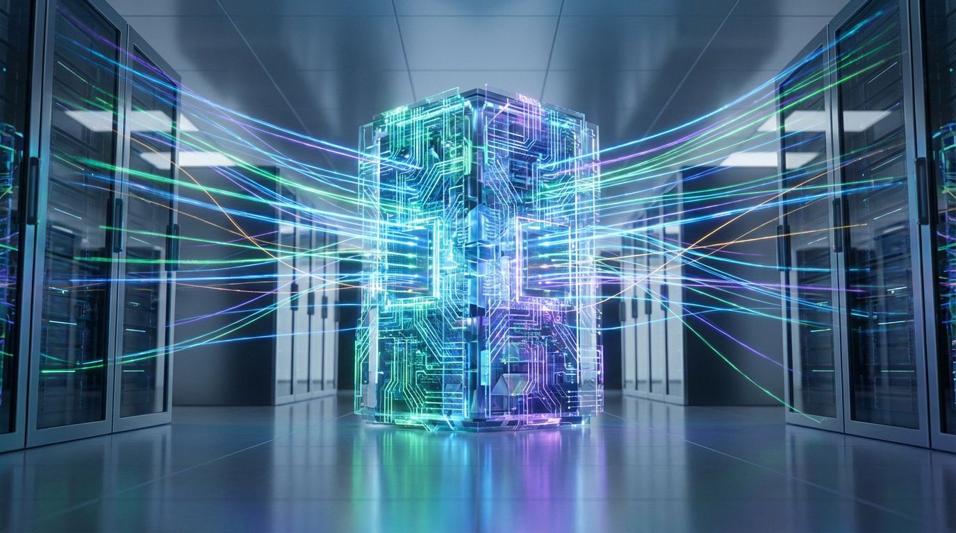 Vue d'une salle de serveurs avec un cube central lumineux, symbole de traitement des données, et de multiples flux lumineux colorés reliant les racks.