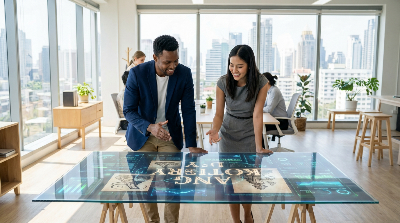 Un homme et une femme souriants interagissent avec une table tactile affichant des concepts créatifs dans un bureau moderne.