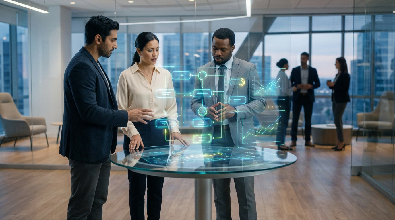 Trois professionnels examinent un diagramme de processus holographique sur une table interactive, identifiant et optimisant les opérations.