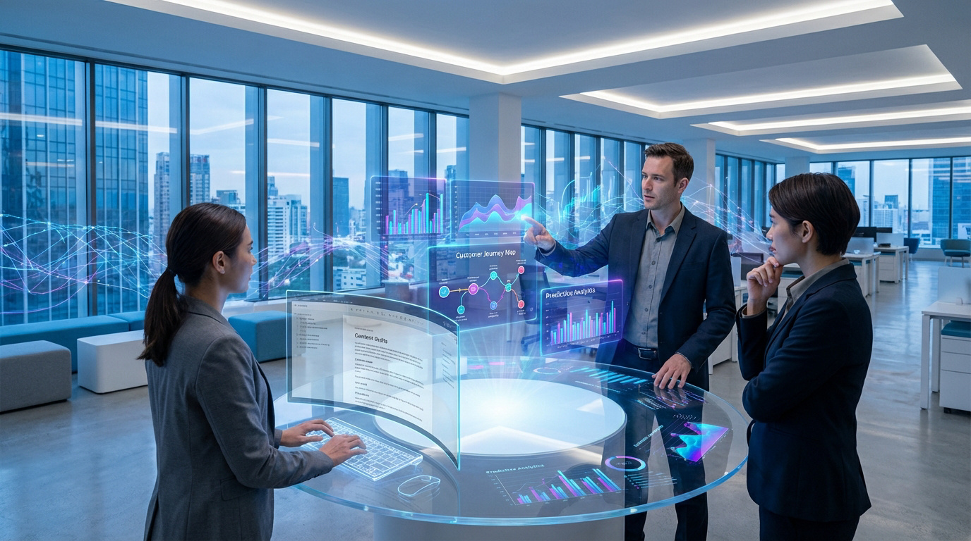 Trois professionnels analysent des données marketing et IA sur des écrans holographiques dans un bureau moderne.