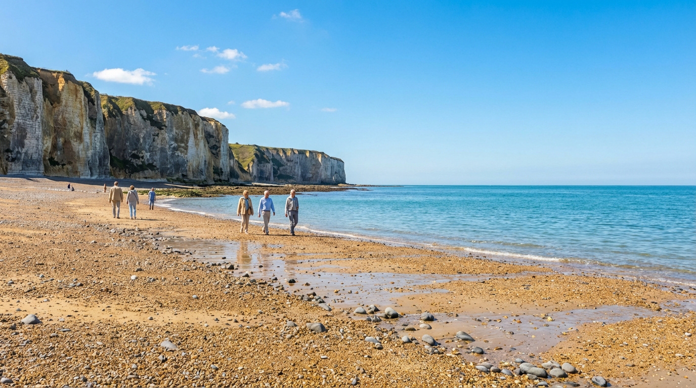 Plage de galets et falaises de Fécamp sous ciel bleu. Des promeneurs profitent du soleil au bord de la mer.