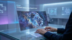Mains tapant sur un clavier holographique, créant une image IA d'un lion cosmique en nébuleuse sur un écran transparent.