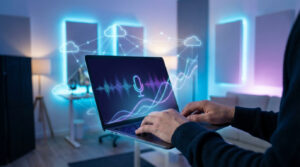 Mains tapant sur un ordinateur portable affichant un micro et des ondes sonores. Des icônes de nuages connectés symbolisent l'hébergement.