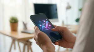 Personne tenant un smartphone affichant une flèche de croissance et des icônes d'abonnés, symbolisant l'augmentation des followers Instagram.