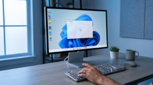 Écran Windows 11 montrant l'Outil Capture d'écran ouvert. Une main utilise un clavier rétroéclairé sur un bureau. Une plante et une tasse sont visibles.