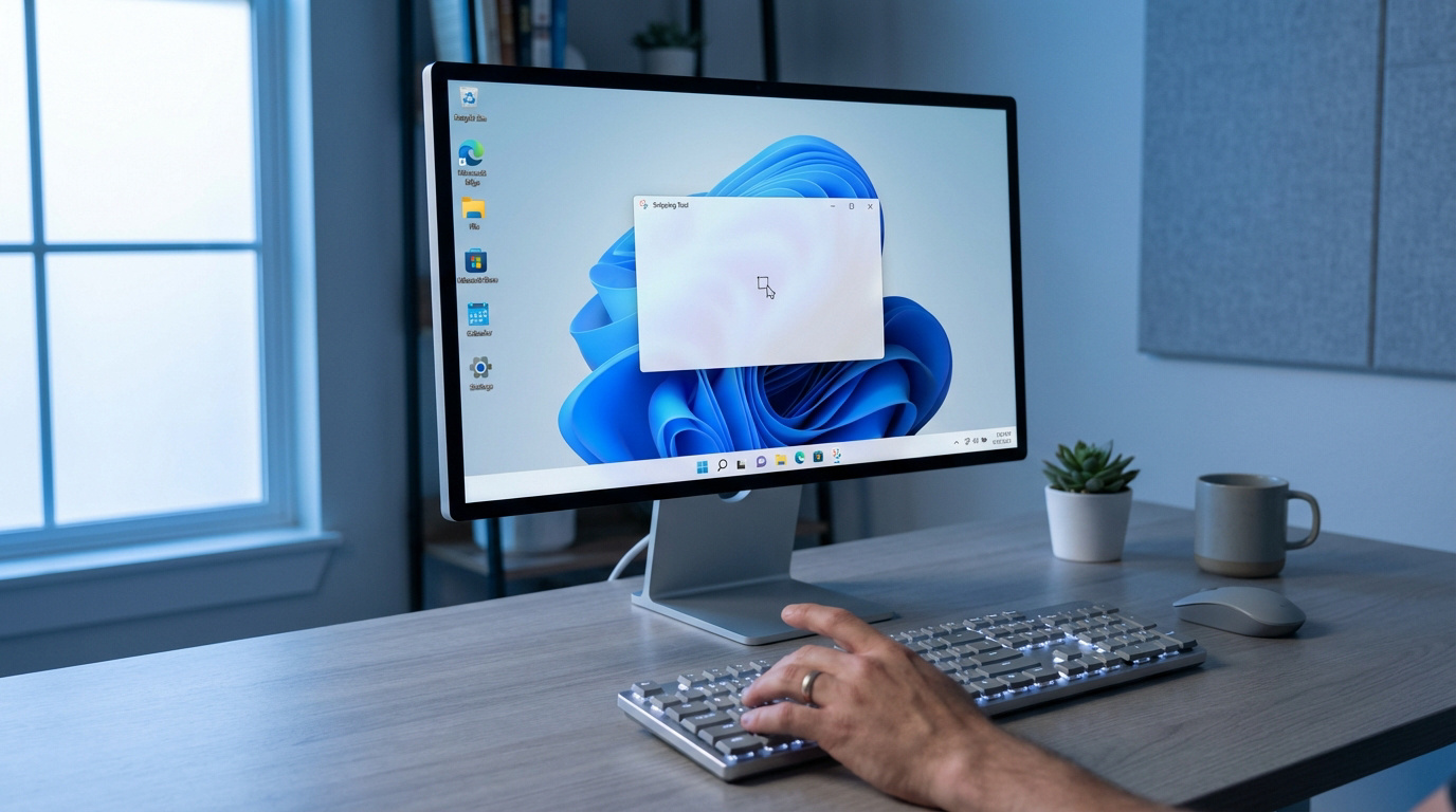 Écran Windows 11 montrant l'Outil Capture d'écran ouvert. Une main utilise un clavier rétroéclairé sur un bureau. Une plante et une tasse sont visibles.