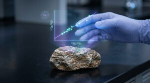 Main gantée interagissant avec une projection holographique d'un graphique isochrone ⁸⁷Sr/⁸⁶Sr vs ⁸⁷Rb/⁸⁶Sr au-dessus d'une roche.