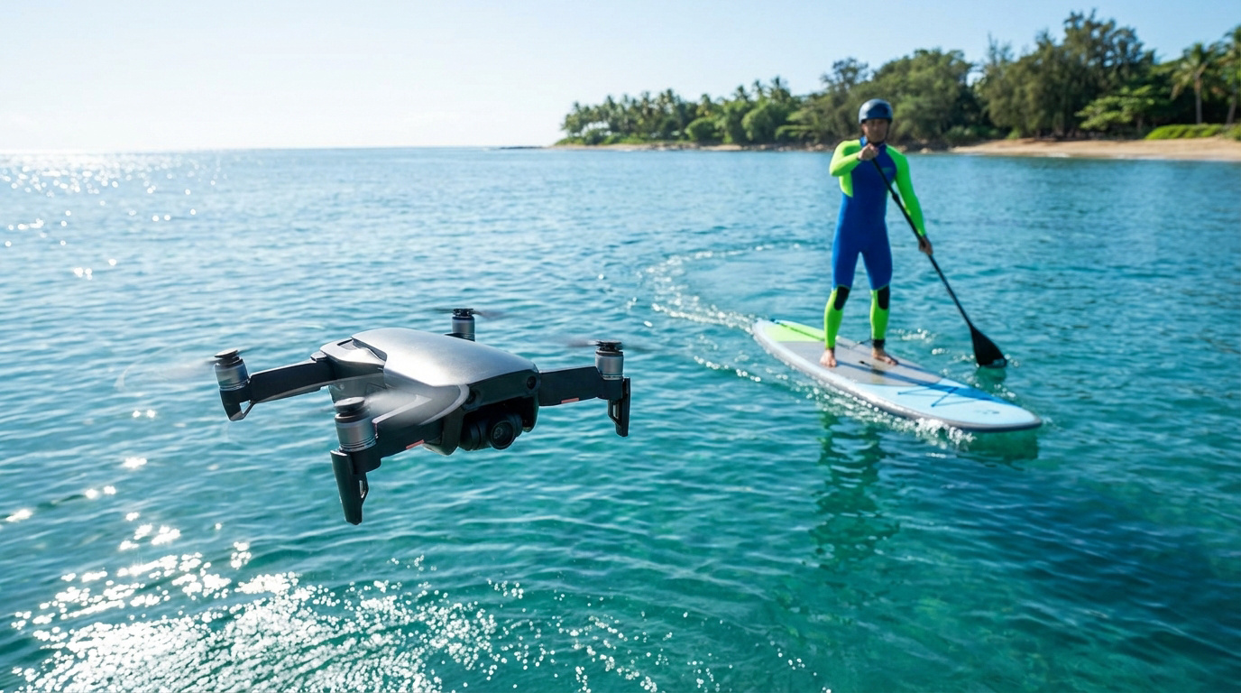 Drone gris HoverAir Aqua en vol au-dessus de l'eau claire, filmant un homme en combinaison de plongée faisant du stand-up paddle près d'une plage tropicale.