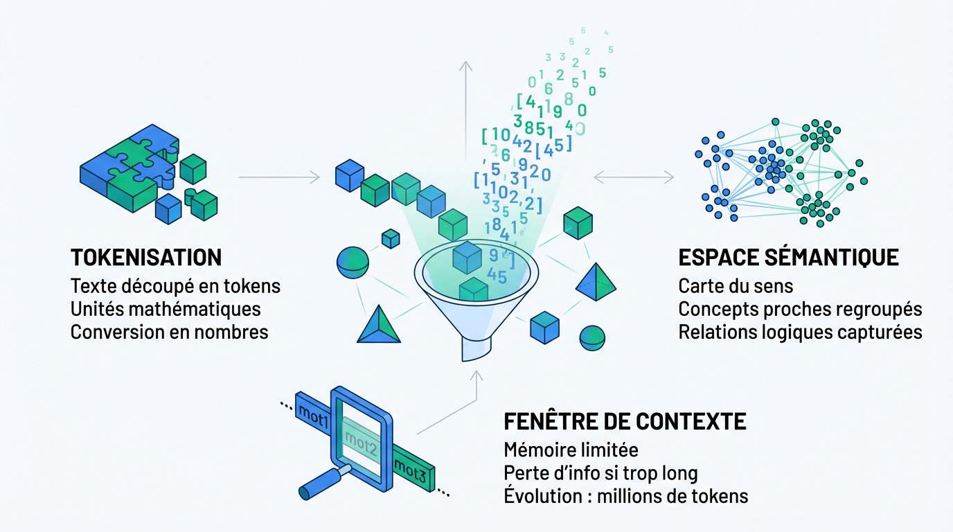 Schéma technique illustrant le fonctionnement d'un modèle LLM par le traitement des données et des vecteurs