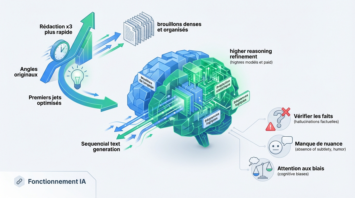 Représentation d'un cerveau stylisé symbolisant les réseaux de neurones et la génération de texte par intelligence artificielle