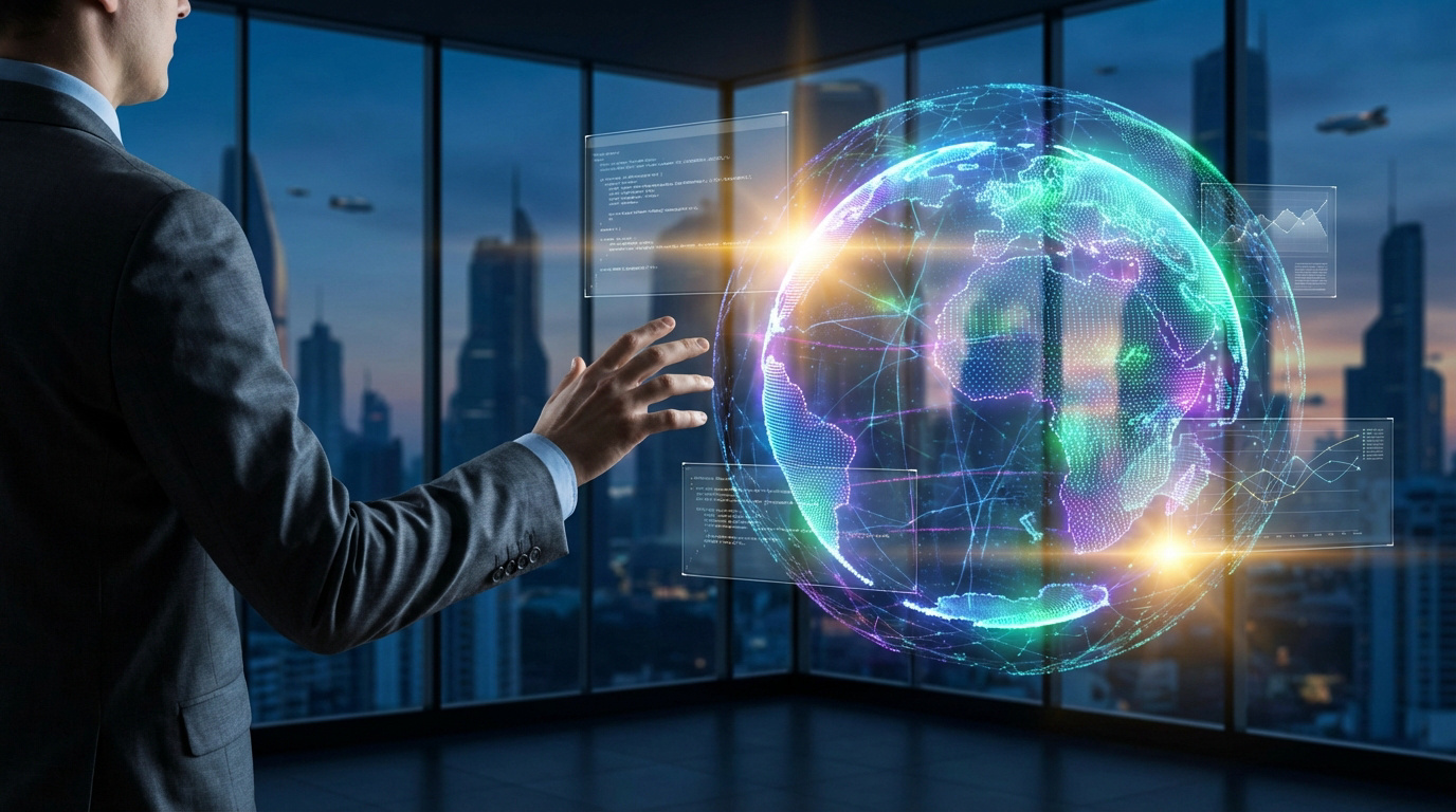 Consultant en costume manipulant un globe holographique interactif avec données, devant une ville futuriste. Représente la stratégie SEO globale.