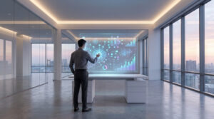 Homme interagissant avec un écran holographique affichant des visualisations de données d'IA dans un bureau moderne avec vue sur la ville.