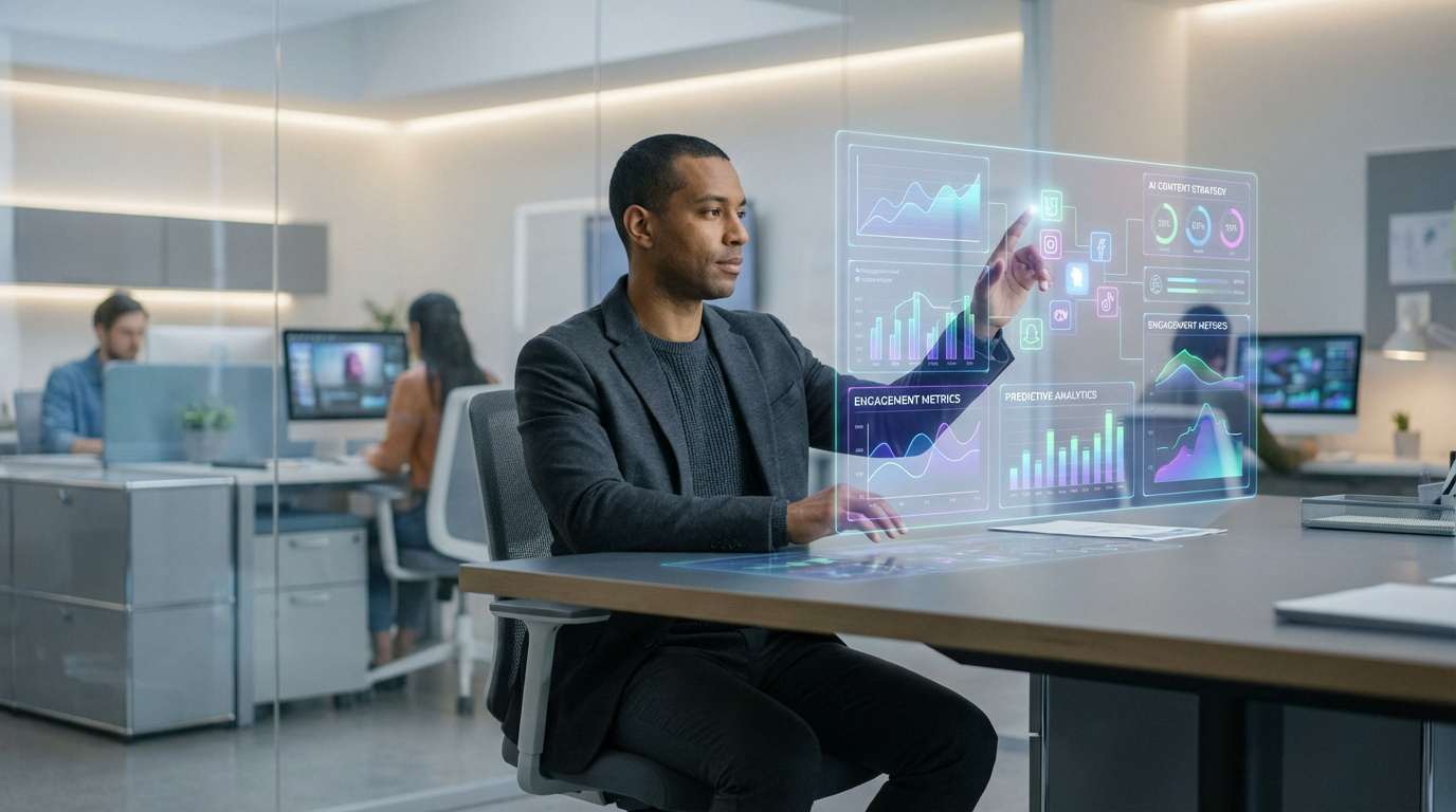 Homme interagit avec un écran holographique affichant des données et stratégies IA pour réseaux sociaux dans un bureau moderne.