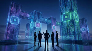 Cinq professionnels face à une ville futuriste aux gratte-ciel lumineux décorés de circuits imprimés et puces électroniques.