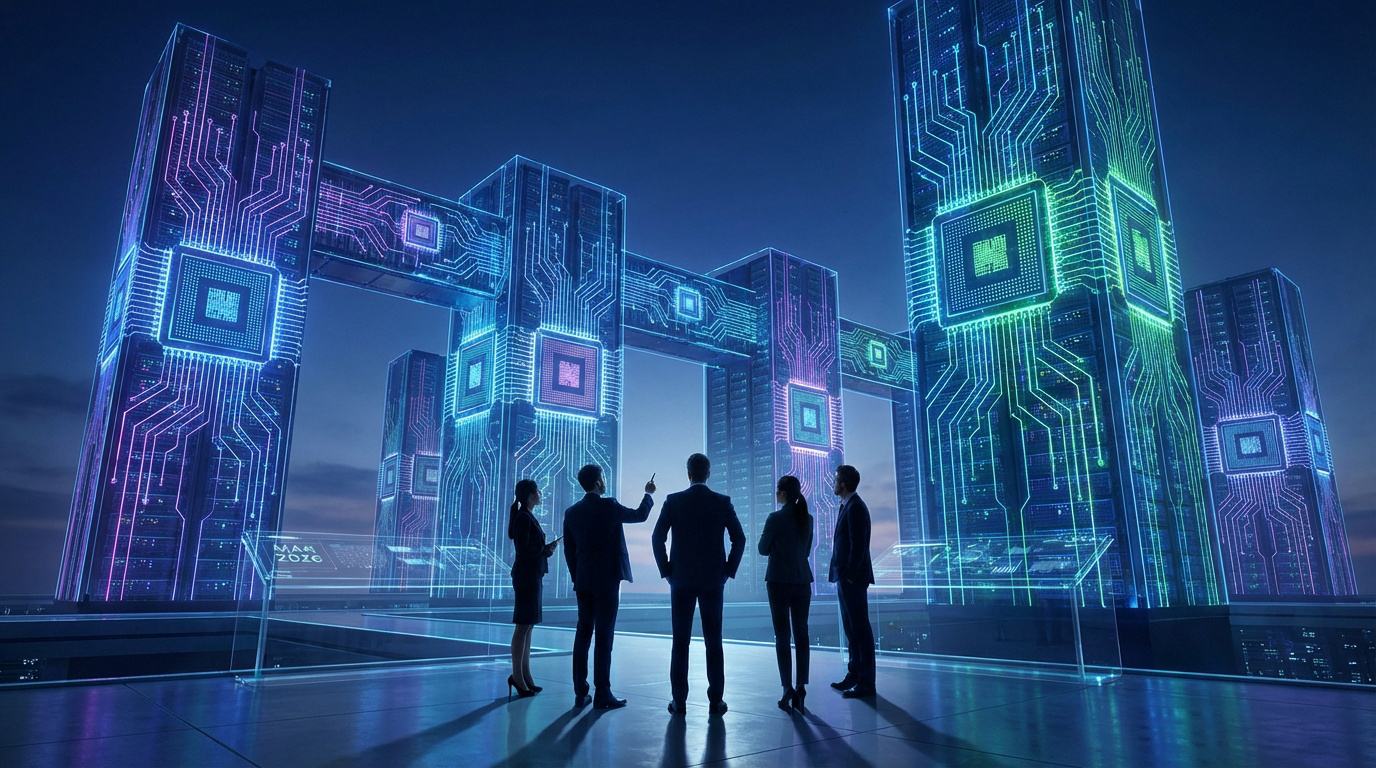 Cinq professionnels face à une ville futuriste aux gratte-ciel lumineux décorés de circuits imprimés et puces électroniques.