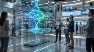 Des professionnels regardent un hologramme de cerveau lumineux symbolisant l'IA et l'automatisation des flux de travail dans un bureau moderne.