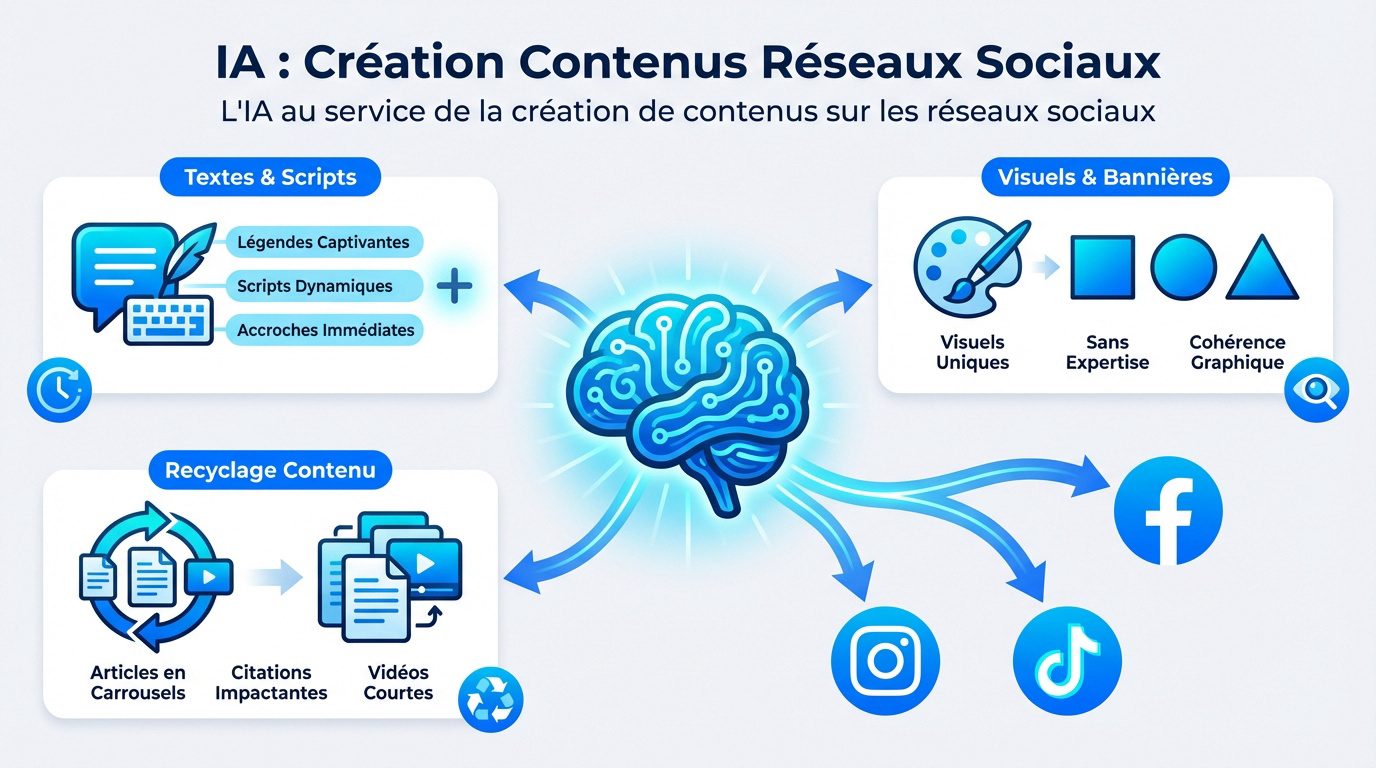 Illustration d'un écran affichant des outils d'intelligence artificielle pour la création de visuels et de textes destinés aux réseaux sociaux