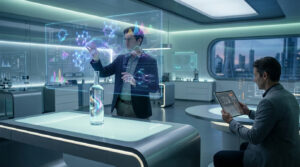 Deux hommes dans un labo futuriste. Un interagit avec un écran holographique de molécules/données, l'autre regarde une tablette. Une bouteille éclairée au premier plan.