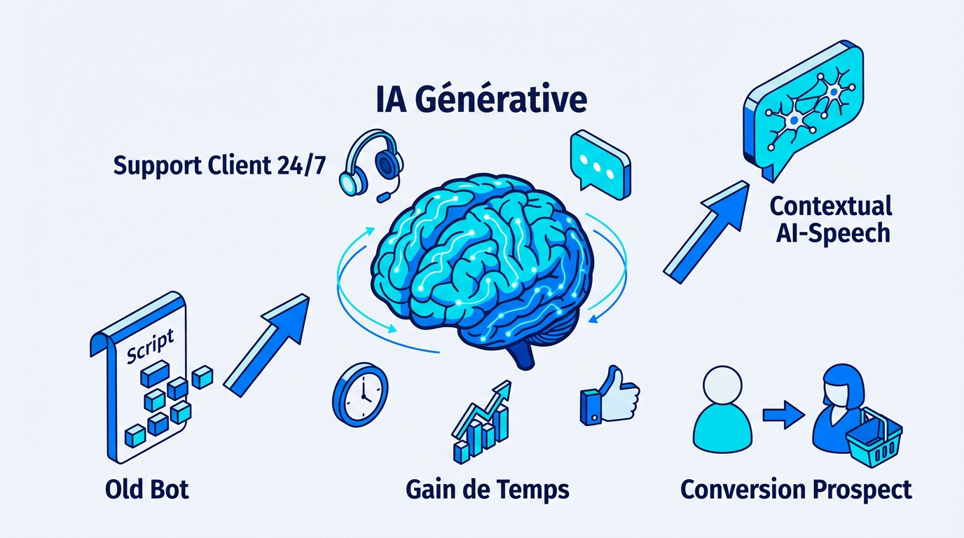 Schéma des gains opérationnels et de l'automatisation du support client via l'IA générative
