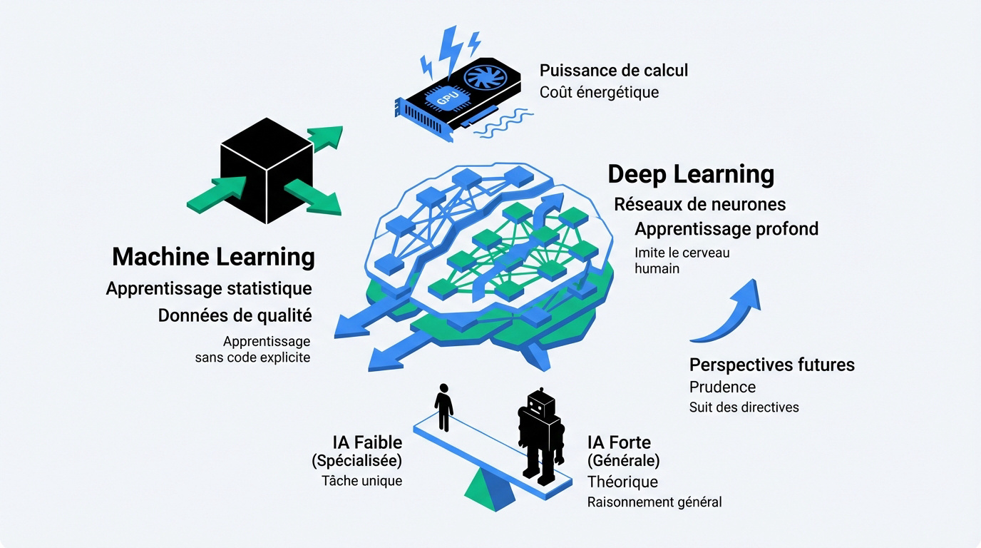 Infographie expliquant les concepts de machine learning, deep learning et réseaux de neurones dans le guide complet intelligence artificielle