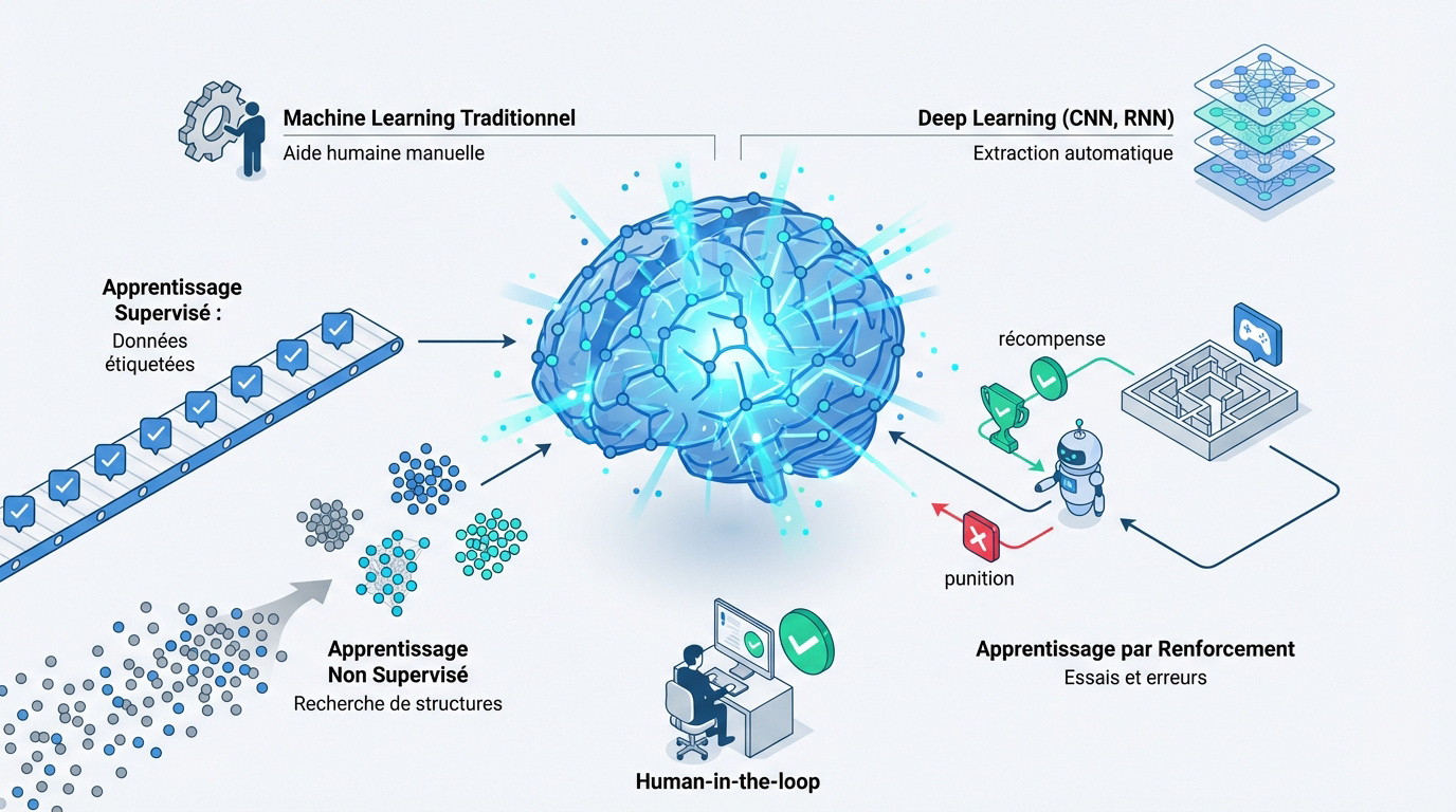 Infographie présentant les différences entre apprentissage supervisé, non supervisé et par renforcement