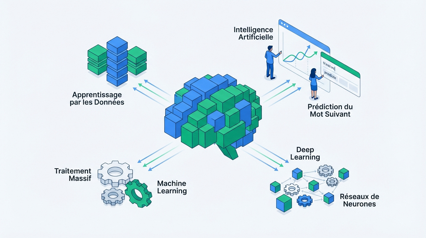 Infographie illustrant le lien entre cerveau humain, données et algorithmes