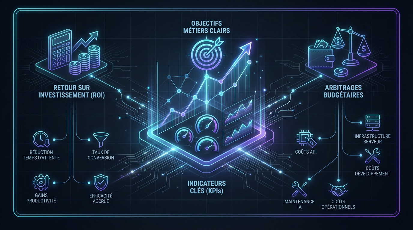 Infographie sur les objectifs et le calcul du ROI pour l'intégration de l'intelligence artificielle