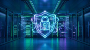 Bouclier de sécurité numérique lumineux au centre d'un data center futuriste, avec Kerberos et AD.