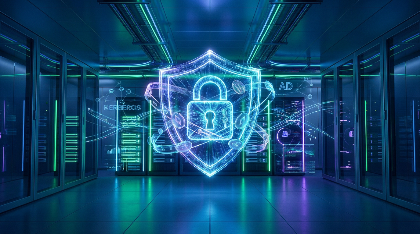 Bouclier de sécurité numérique lumineux au centre d'un data center futuriste, avec Kerberos et AD.