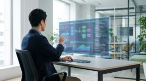 Homme travaillant avec une interface IA holographique. L'écran affiche des graphiques, des diagrammes et du code dans un bureau lumineux.
