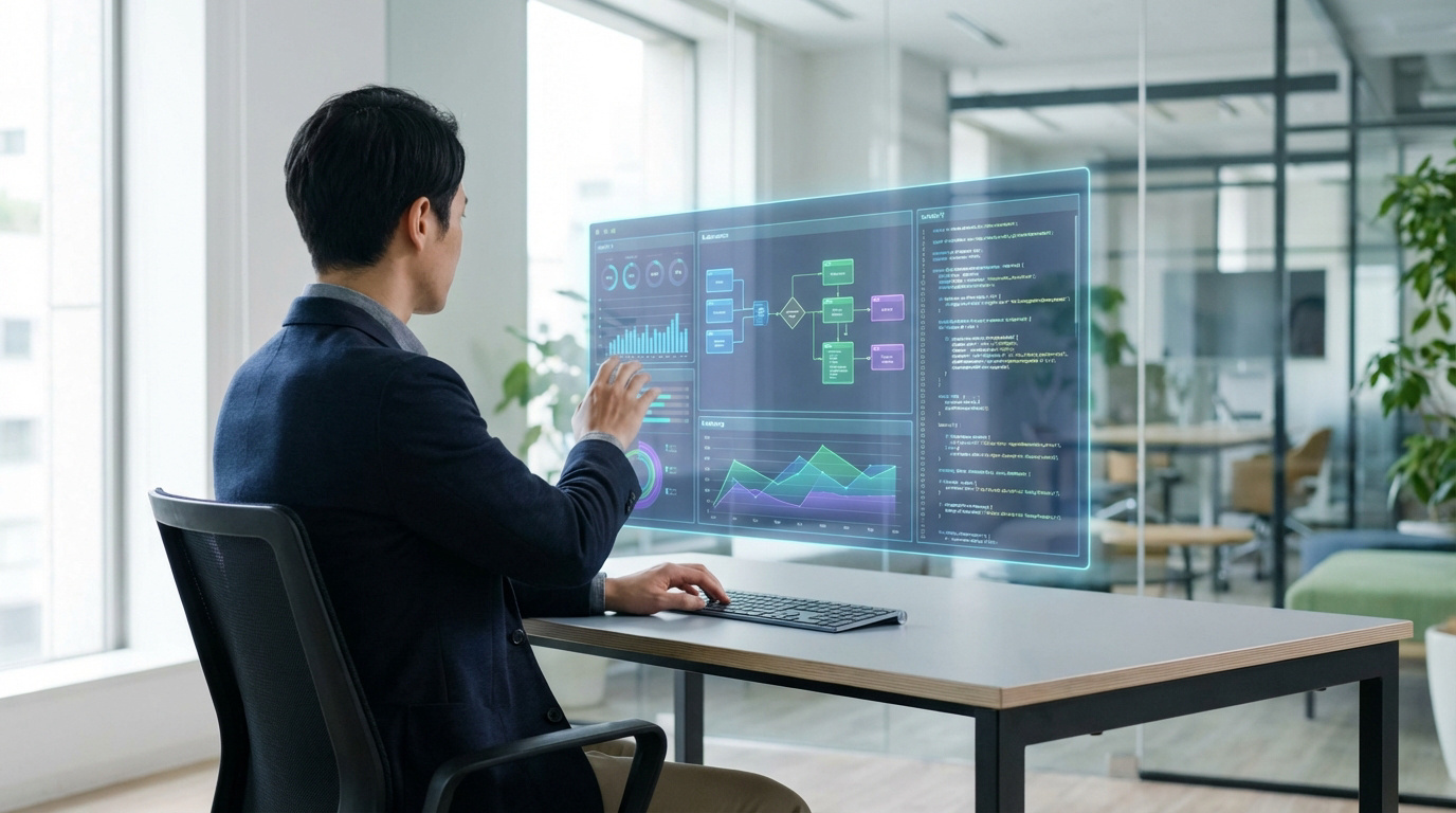 Homme travaillant avec une interface IA holographique. L'écran affiche des graphiques, des diagrammes et du code dans un bureau lumineux.
