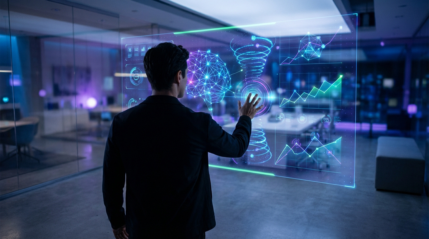 Un homme interagit avec un écran holographique affichant un cerveau connecté et des graphiques de données pour l'optimisation SEO par IA.