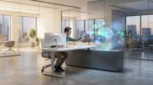 Un homme interagit avec une projection holographique d'IA (cerveaux, données) dans un bureau moderne et lumineux.