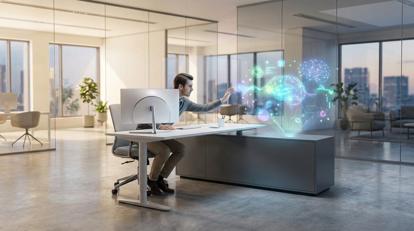 Un homme interagit avec une projection holographique d'IA (cerveaux, données) dans un bureau moderne et lumineux.