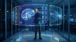 Un homme interagit avec un cerveau holographique et des données dans un centre de serveurs futuriste, entraînant une IA.