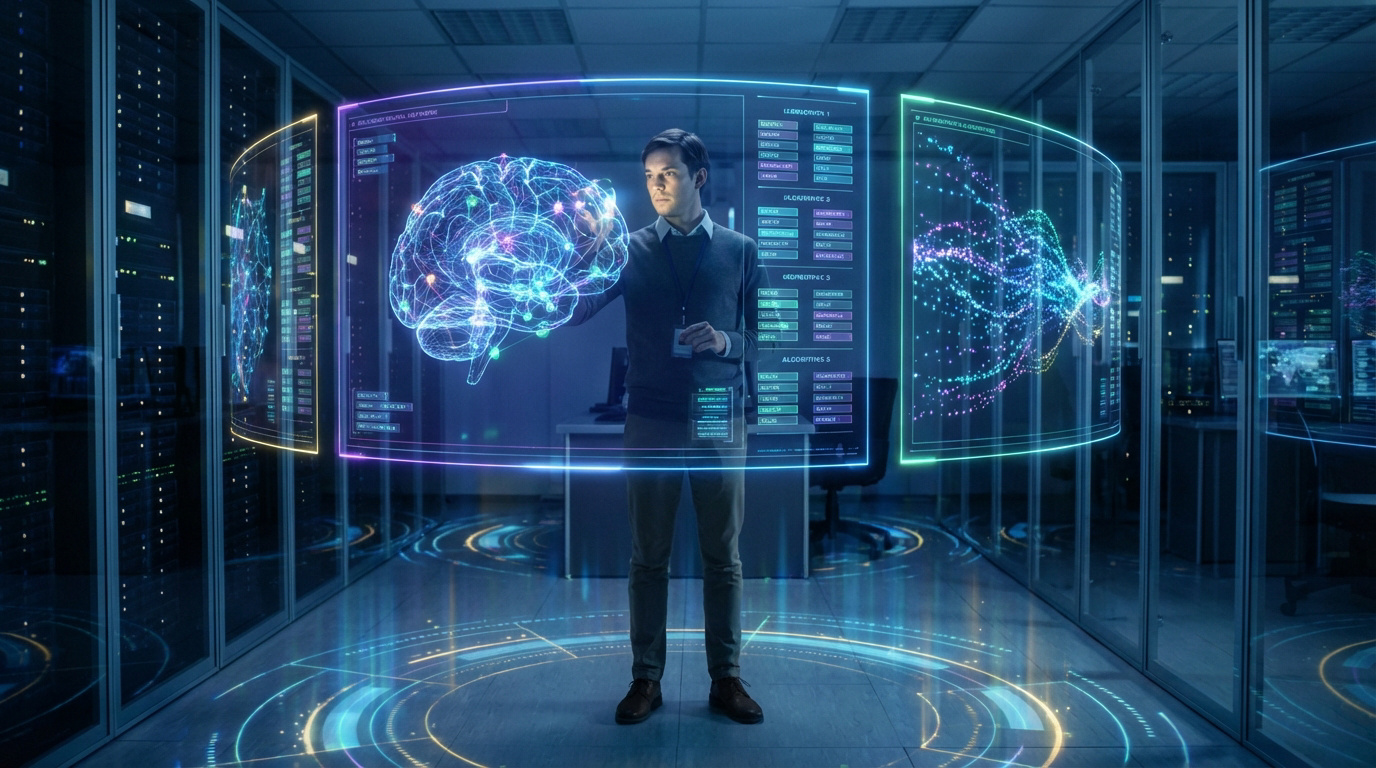 Un homme interagit avec un cerveau holographique et des données dans un centre de serveurs futuriste, entraînant une IA.