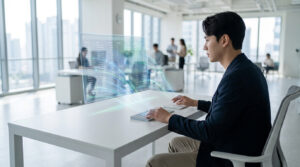 Un homme tape sur un clavier devant un écran holographique affichant des données dans un bureau moderne et lumineux.